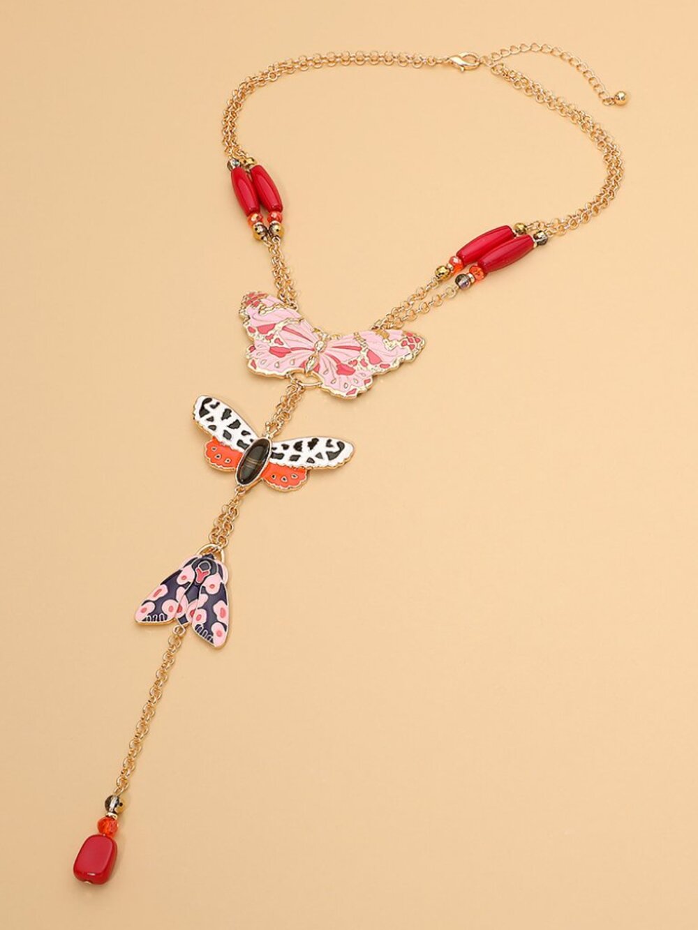 Zara Style Butterfly Garden Beaded Bohemian Lariat Necklace Pink/Red NEW - Picture 4 of 6